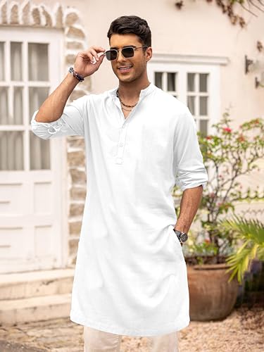 Image of BE ACTIVE Men's Cotton | Regular Fit Casual Mandarin Collar | Long Length Full Sleeves | Solid Indian Kurta