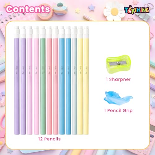 Image of Toyshine Triangular HB Pencil Set with Erasers on Top | Pack of 12 Writing Pencils with Sharpener & Pencil Cap | Comfortable Grip School Stationery for Kids & Students Birthday gift return gift