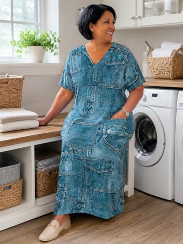 Image of SUZONANA Plus Size Denim Print Maxi Dresses for Women Casual V Neck Short Sleeve with Pockets Soft Jean Look Dress XL-6XL