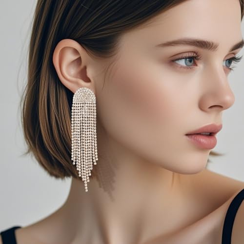 Rhinestone Dangling Earrings for Women Sparkly Dangle Earrings 14K Gold Plated Tassel Lightweight Ear Studs Crystal Statement 6