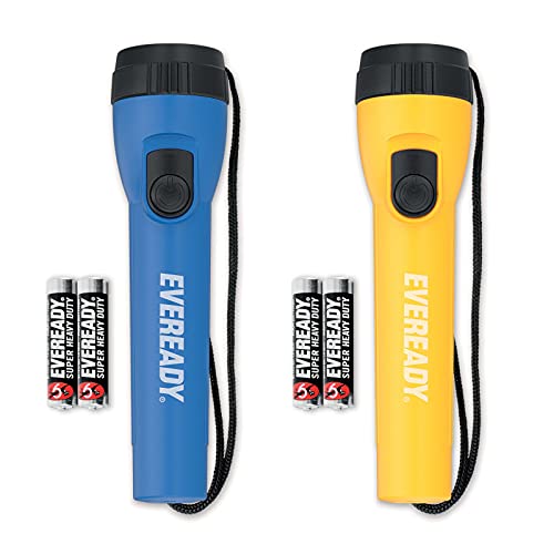 Energizer Eveready LED Torch (2 Pack), Super Bright Flashlight for Outdoors, Camping and Gifts (4 AA Batteries Included), Blue/Yellow