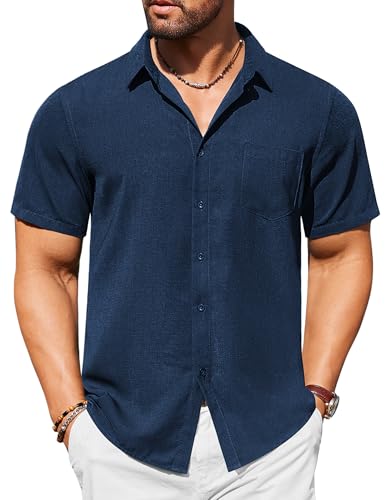 COOFANDY Men's Linen Business Casual Shirts - Short Sleeve Button Up Summer Navy Blue Shirts