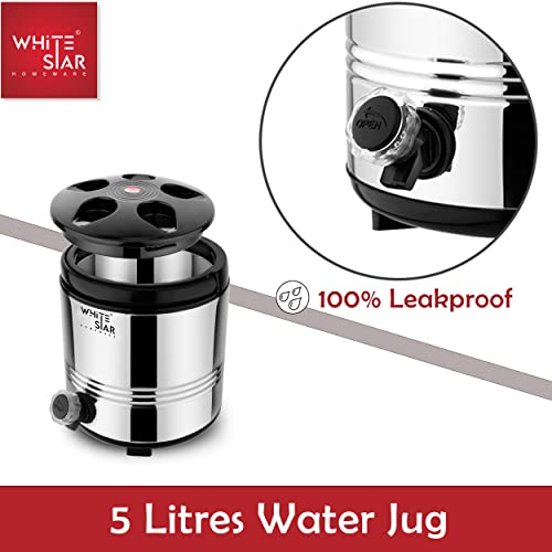 Image of WHITESTAR Stainless Steel Insulated Water Bottle /Jug for Traveling, Office, Kitchen I 5 Liters of Water Storage Container with Airtight Lid and Leak Proof Tap I Unbreakable & Durable