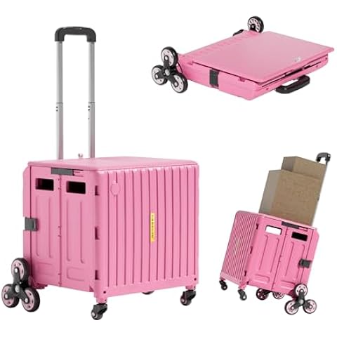 Foldable Utility Cart Stair Climber Wheeled, Collapsible Rolling Crate with Telesco...