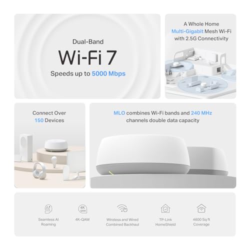 Image of TP-Link Deco 7 BE25 Dual-Band BE5000 WiFi 7 Mesh Wi-Fi System | 4-Stream 5 Gbps, 240 Mhz Channels | Covers up to 4,600 Sq.Ft | 2X 2.5G Ports Wired Backhaul | VPN,MLO, AI-Roaming, HomeShield, 2-Pack