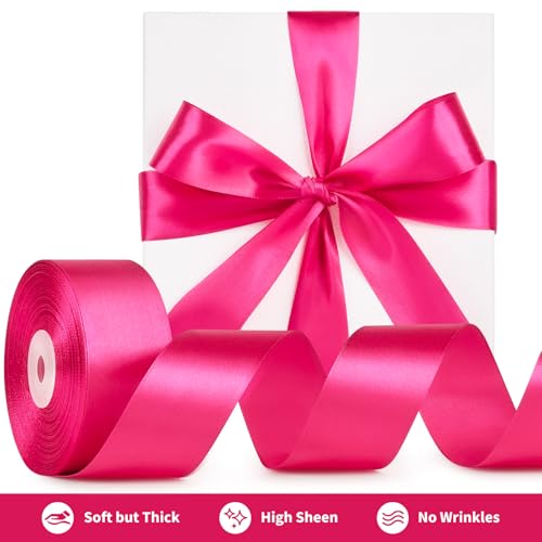 Image of Mauproy 1-1 /2 Inch Wide Hot Pink Satin Ribbon, 50 Yards Solid Polyester Fabric Ribbon for Roses Making, Gift Wrapping, Flower Bouquets, Wedding Decorations, Handemade Crafts