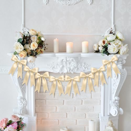 Image of 1 String of 8PCS Champange Bow Garland Banner Decoration,Pre-Strung Satin Ribbon Ornaments for Birthday,Bachelorette Party,Bridal Shower,Wedding,Engagement,Baby Shower,Graduation Decor,Anniversary