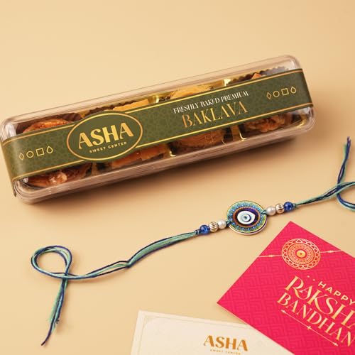 Image of ASHA SWEETS Rakhi Celebration Combo Pack with Baklava (100gm), 1 Handmade Rakhi & Wish Card Set for Gifting to Brother & Sister |Premium Rakhi Festive Gift Box for Family & Friends