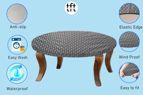 Image of The Furnishing Tree Round Elastic Fitted Center Tpoy Table Cover WxL 24x24 Inches Basketweave Pattern Grey