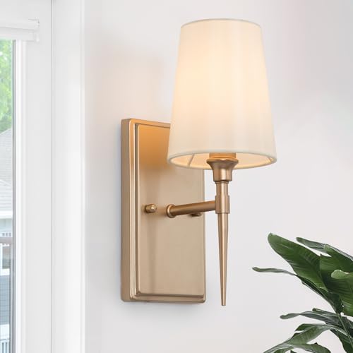 LALUZ Gold Wall Sconces, Modern 1-Light Gold Bathroom Light Fixtures with White Fabric Shade for Bathroom, Bedroom and Hallway