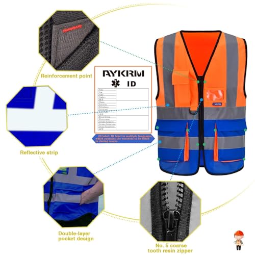 Image of Hi-Vis Reflective Vest, Radio Loop, Front Zipper, Orange /Blue, XL | Orange /Blue XL fabric work vest with 7 pockets, clear ID pocket and radio mic loop for heavy equipment; unisex workwear.