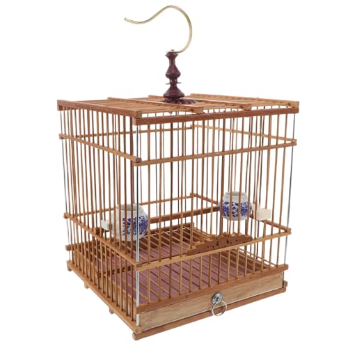 MUCKLILY Jaula Colgante para Pájaros Pequeños de Bambú y Metal, Rectangular con Gancho Resistente y Bandeja Extraíble para Jilgueros y Loros para Interiores o Terraza