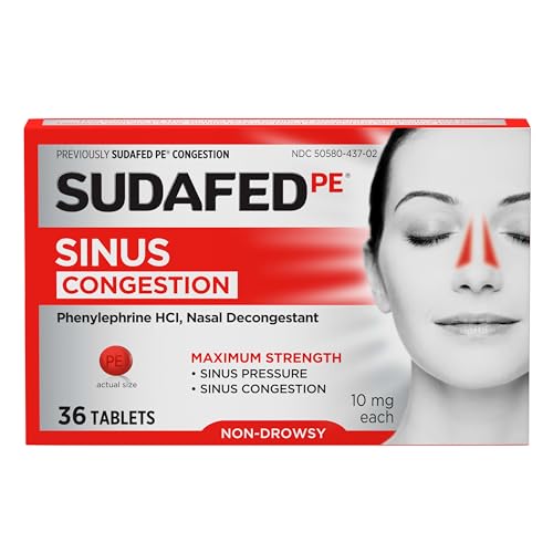 Sudafed PE Sinus Congestion Relief Tablets, Maximum Strength, Non-Drowsy 10 mg Phenylephrine HCI Decongestant for Sinus Pressure & Nasal Congestion Relief, Due to Cold or Allergies, 36 ct
