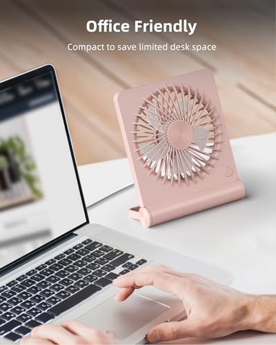Image of Koonie USB Desk Fan, Strong Wind Ultra Quiet Small Mini Fan | 220 Tilt Folding & 3 Speeds Adjustable, USB-C Powered Personal Fan for Home Office Desktop, Pink, NO BATTERY