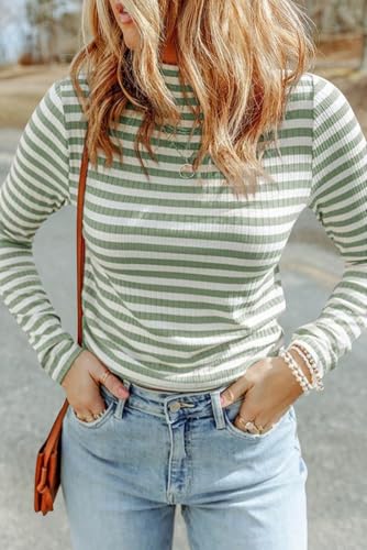 Image of Melliflo Womens Long Sleeve Mock Neck Striped Shirt Casual Cute Color Block Knit Tops Trendy Fall Fitted Basic Outfits