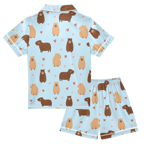 Cute Capybara Drawing Blue Summer Satin Pajama Set, Cute Button-Down Sleepwear Pj Set for Sleep Wears2