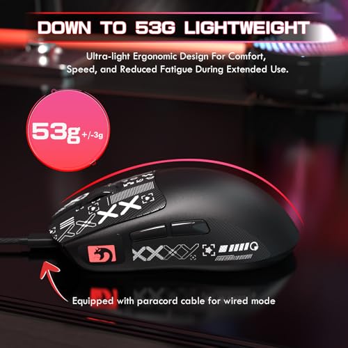 MAMBASNAKE M4 Ultra-Lekka Bezprzewodowa Mysz Gamingowa, 53g, Sensor PAW3311, 24000 DPI, Bluetooth/2.4G/Przewodowa, Podświetlenie RGB, Bateria 400mAh, 20M Klików, do Gier/Pracy