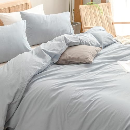 Image of BESTOUCH Cotton Solid Duvet Cover Set Cornflower Blue Alaska King | 100% Washed Cotton, Soft Wrinkle Texture, Hidden Zipper, 8 Ties, Breathable Lightweight Durable Comfy, 3 Pcs No Insert