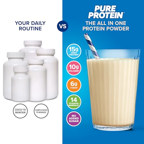 Image of Pure Protein All-In-One Powder, Vanilla - Whey & Collagen, High Fiber, Vitamins, No Added Sugar, Non-GMO, Gluten-Free, 1.25lb