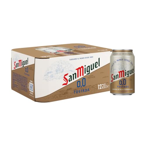 San Miguel 0,0 Tostada, Pack 12 Latas de 33cl, Cerveza Sin Alcohol, Sabor Intenso y Tostado, Cerveza Ligera y Refrescante, Cerveza 0,0% Alcohol