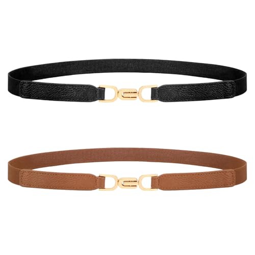 XZQTIVE Women Elastic Thin Belts for Dress Skinny Stretch Plus Size Black Brown Waist Belts with Fashion Gold Buckle Set of 2