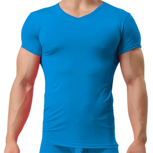 DKEGIFF Camisetas masculinas com gola em V, roupa íntima sexy, invisível, lisa, de manga curta, cami