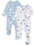 FIEMOL Baby Boy Sleepers 100% Cotton Footie Pajamas, Newborn 0-3 3-6 6-9 Months with 2-Way Zipper & Mitten Cuffs, Ultra Soft 2 Pack Footed PJs Baby Boy Clothes