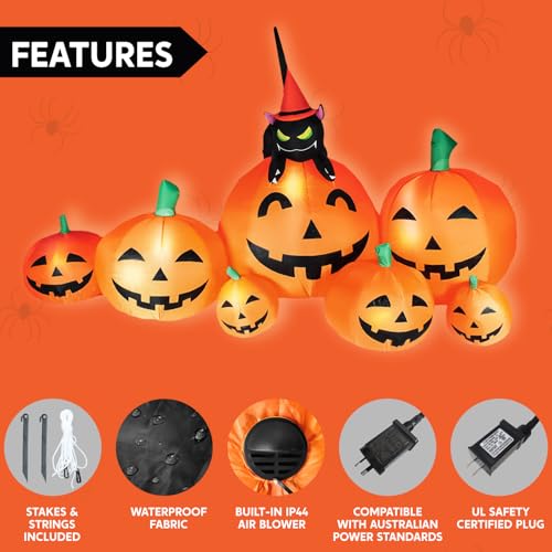 Image of Joiedomi 7 FT Long Halloween Inflatables Pumpkin Outdoor Decorations, 7 Pumpkins Outside Decoration with Witch's Cat with Build-in LEDs Blow Up Inflatables for Party Yard Lawn Garden Decor