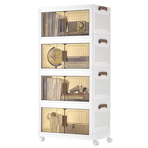 SONGMICS Cajas de Almacenamiento de 4 Niveles, Organizador con 1 Tapa, Cajas Apilables, con Ruedas, de Plástico, con Puerta Magnética, Blanco, 45 L por Nivel, RLB450WZ01