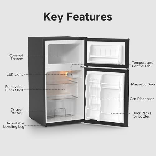BANGSON Mini Fridge with Freezer, 2 Door Small Refrigerator with Freezer, Mini Fridge for Bedroom, 3.2 CU.FT, For Home, Office, Dorm, Garage or RV, Black