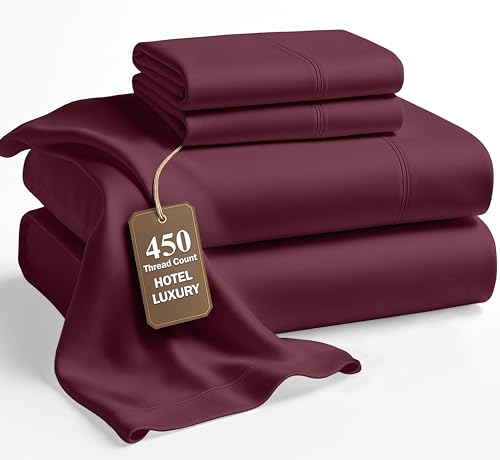 Image of LANE LINEN Cal King Sheet Set - 450 Thread Count Premium Sateen Weave for Silky Feel On Skin - Cozy Sheets for Deep Sleep - Securely Fits Mattresses Upto 15'' Deep - Oeko Tex Certified - Windsor Wine