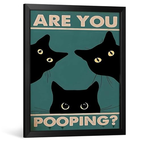 Vintage Bathroom Decor Wall Art Framed, Gothic Home Decor for Apartment - Are You Pooping? Black Cat Funny Bathroom Wall Art Posters 10L x 8W Inch