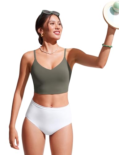 Image of CRZ YOGA V Shaped Longline Bikini Tops | Built-in Pads, A-D Cup, Cropped, Adjustable Spaghetti Straps, Swim, Bathing Suit for Women