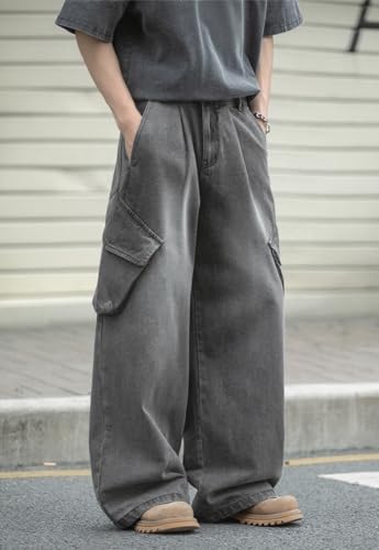 Men's Baggy Cargo Jeans Y2K Wide-Leg Retro Distressed Side Pockets Casual Style Trendy Streetwear Emo Clothes4