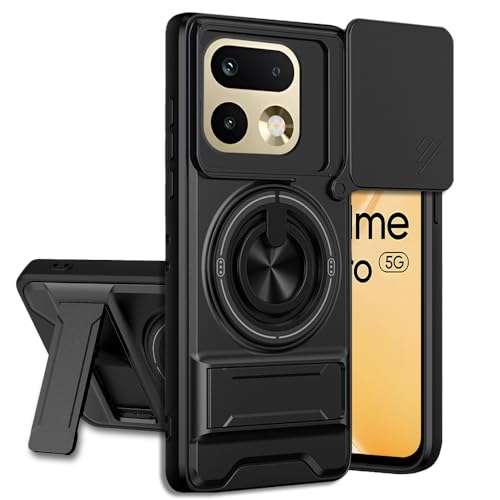 Image of Realme 16 Pro 5G Back Cover | Armor Camera Slider 360 Degree Rotating Finger Ring Holder Case with Bracket Stand Back Case Cover (Compatible with MagSafe Accessories) (Black)