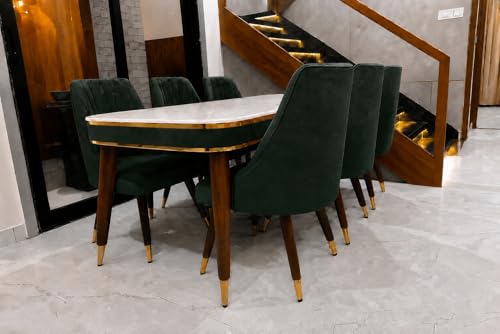 Image of WOODEN SPACE 6-Seater Wooden Dining Table Set | Nano Composite Marble Top | Solid Wood Base | Modern Dining Room Furniture with 6 Chairs (Dark Green Frontline)