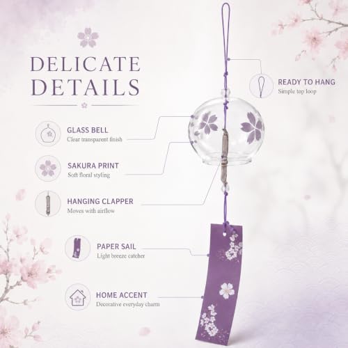 Image of Artibetter Japanese Glass Wind Chime Hanging Bell with Cherry Blossom Design | Handmade Furin Wind Bell for Home, Balcony, Garden, Patio, Window & Gift Decor (Purple)