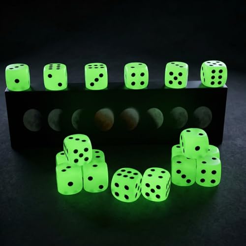 20 Pack Glow in the Dark Dice 15mm 6-Sided D6 Dice with Rounded Corners Black Pips Luminous Game Dice for Board Games Parties & Bar Games