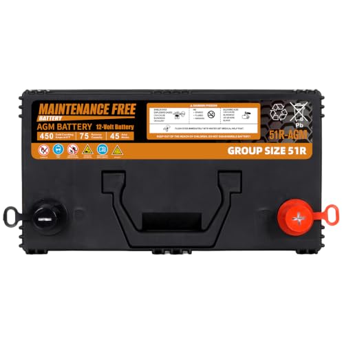 Image of Autocessking Group Size 51R Start and Stop AGM Automotive Battery, 12V 45Ah, 450 CCA, 75 RC Rechargeable Car Battery, 36 Months Warranty