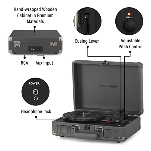 Image of Crosley CR8005F-SG Cruiser Plus Record Player, Slate | 3-Speed Turntable, Bluetooth In / Out, Built-in Stereo Speakers, Isolated Internal Speakers Minimize Vibration