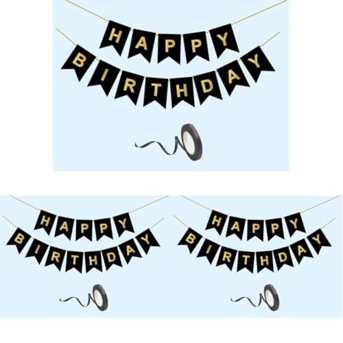 Image of Happy Birthday Decoration Kit Black for Boys Girls Kids Men Women Adults Car Party Decorations Decor Celebration Items Item Set Combo Reusable Paper Banner (Pack of 3)