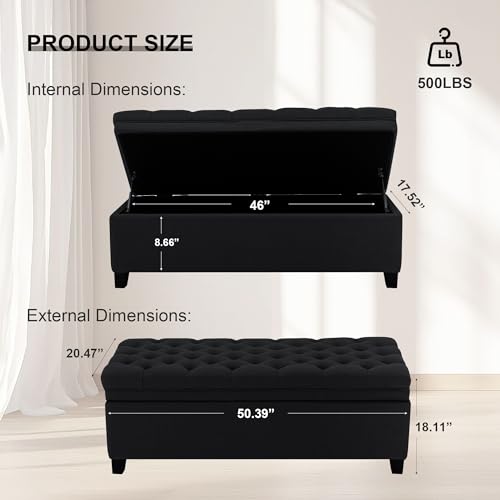 Image of 51 inch Storage Ottoman for Bedroom & Living Room, End of Bed Bench with Black Wooden Legs, Linen Upholstered Tufted Ottoman, Entryway Storage Bench, Black
