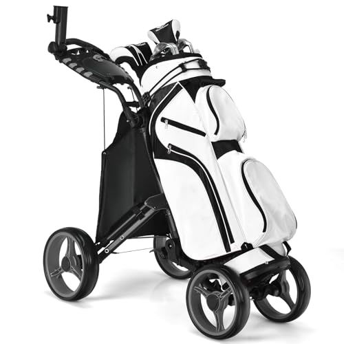 COSTWAY Carrello da Golf a Spinta e a Trazione, Carrello Golf Pieghevole Leggero a 4 Ruote con Borsa Impermeabile, Freno a Pedale, Porta Tazza e Porta Ombrello Regolabile (Grigio)