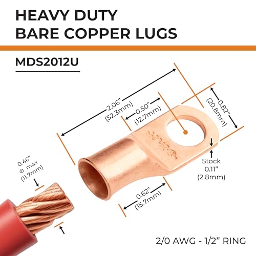 SELTERM 15pcs 2/0 AWG 1/2" Stud - UL Heavy Duty Battery Terminal Connectors, Bare Copper Battery Cable Lugs, 00 Gauge Wire Connectors, Electrical Battery Cable Ends, Ring Terminals Copper Lugs
