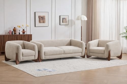 Image of Upholstered 3 Seater Sofa Three Seater Sofa with Wooden Legs for Living Room Hotels & Offices (Boucle Beige 3+1+1 Sofa Set)