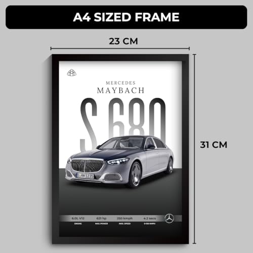 Image of Mercedes Maybach Poster | Framed Maybach S680 A4 Sized (31 x 23 cm) | Mercedes Car Poster for Wall, Gift for Boys, S Class Posters Frames | Car Posters for Wall, Bedroom, Hostel, Study Room (F 043)