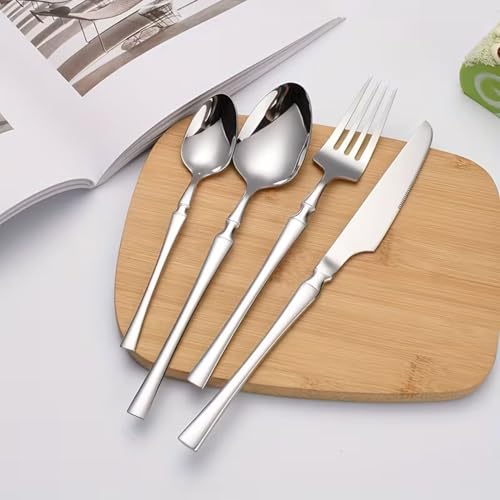 Image of 24 Pcs Silver Slim Handle Stainless Steel Cutlery Set for Dining Table with Spoons and Forks Set + Butterknives - The Perfect Tableware /Flatware