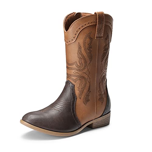 DREAM PAIRS Cowgirl Boots for Girls Boys Cowboy Boots Kids Western Embroidered Mid Calf Riding Shoes with Walking Heel Toddler/Little Kid/Big Kid 9 Toddler Tan/Brown