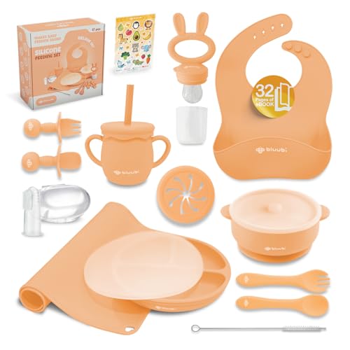 Image of Bluubi Silicone Baby Feeding Set - Infant Tableware for First Foods & Baby, Led Weaning (0+ Months), Easy to Clean, Durable, Perfect for Baby Boy or Girl, Solid Feeding - Peach - Deluxe