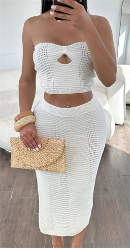 Womens Sexy 2 Pieces Knitted Tube Tops Bodycon Split Skirts Party Clubwear Dress Outfits Set3